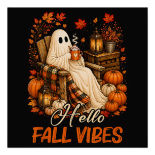 Hello Fall Vibes Ghost Cute Autumn Pumpkin Poster
