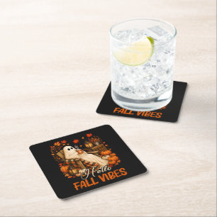 Hello Fall Vibes Ghost Cute Autumn Pumpkin Square Paper Coaster