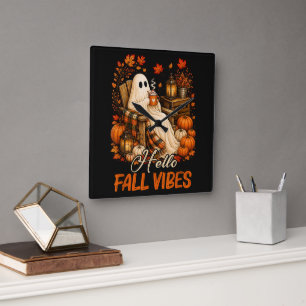 Hello Fall Vibes Ghost Cute Autumn Pumpkin Square Wall Clock
