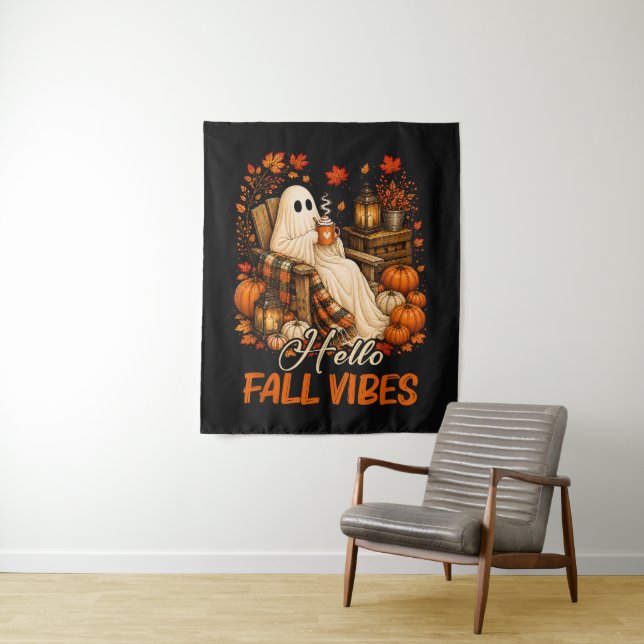 Hello Fall Vibes Ghost Cute Autumn Pumpkin Tapestry (In Situ)