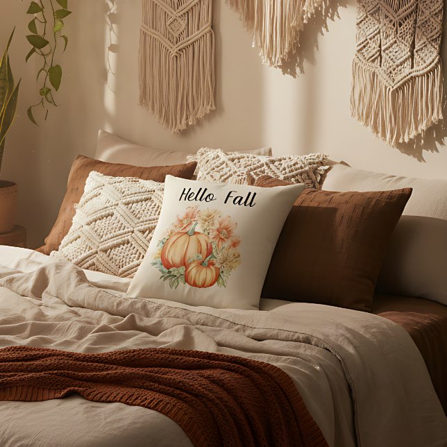 Hello Fall Watercolor Farmhouse Autumn Pumpkins Cushion (Autumn pumpkin pillow farmhouse style. Fall decor pillow soft and stylish.)