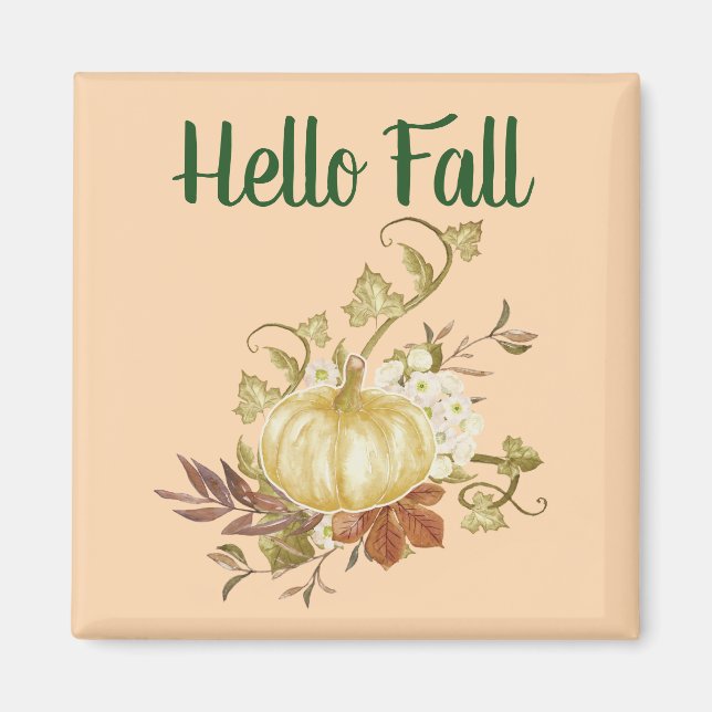Hello Fall Watercolor Pumpkin Kitchen Magnet (Front)