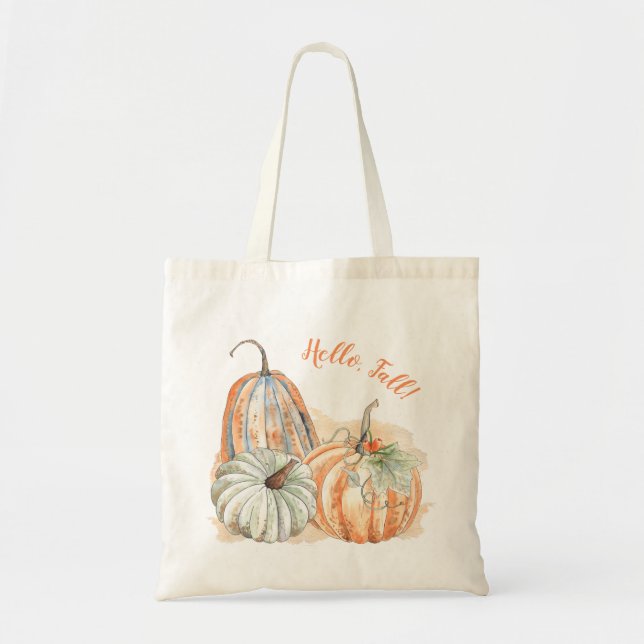 Hello Fall Watercolor Pumpkins Tote Bag (Front)