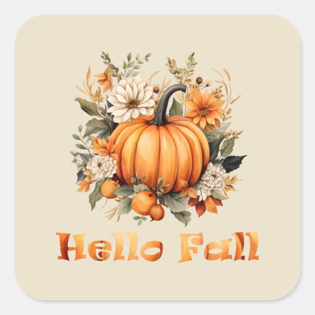 Hello Fall watercolor wildflowers autumn leaves Square Sticker (Front)