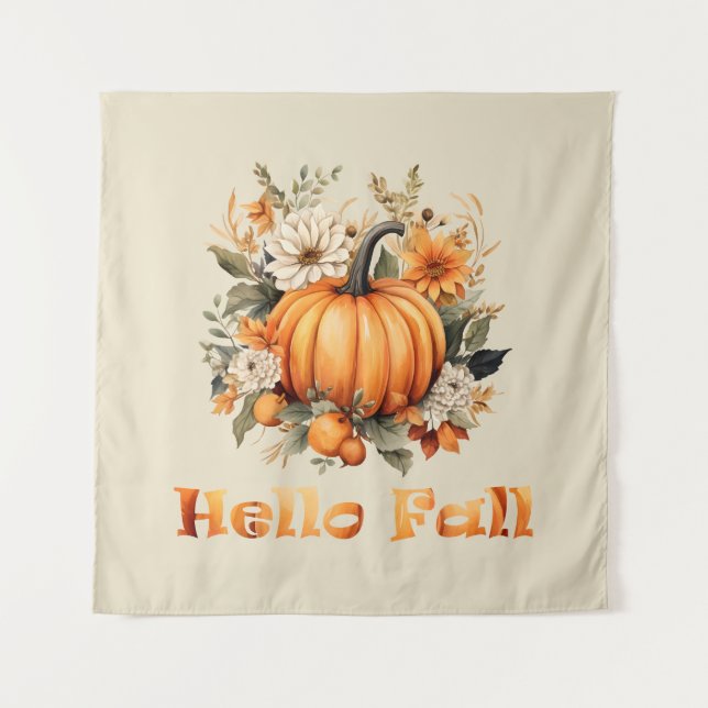 Hello Fall watercolor wildflowers autumn leaves Tapestry (Front)