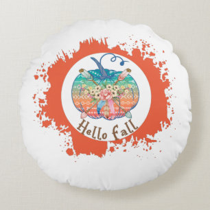 Hello Fall - Whimsical Pumpkin Design Round Cushion
