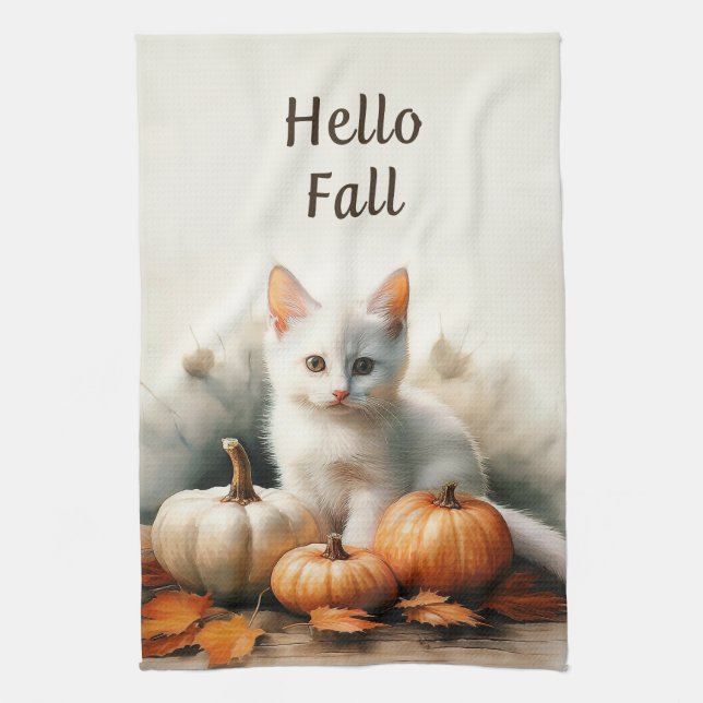 Hello Fall White Kitten Kitchen Towel (Vertical)