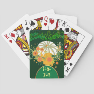 Hello Fall White Pumpkin Greenery Foliage Vibrant  Playing Cards