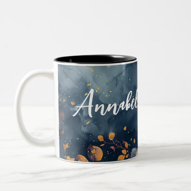Hello Fall with flowers and name Two-Tone Coffee Mug (Left)