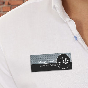 Hello Faux Diamond Plate  Professional   Name Tag