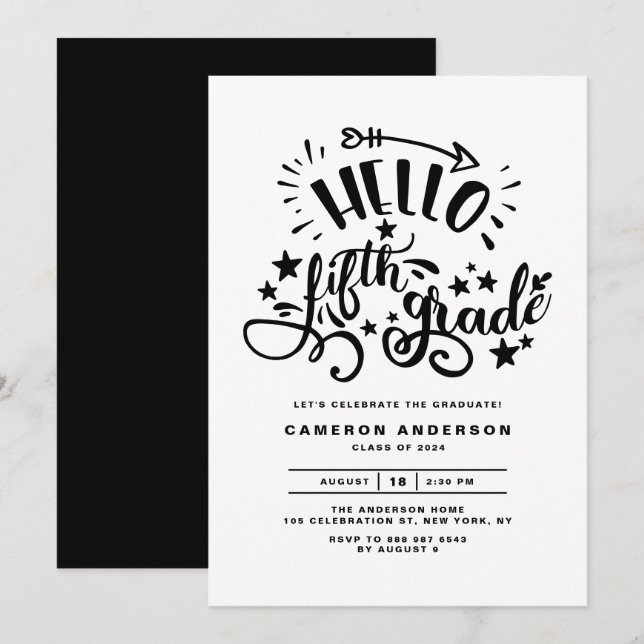 Hello Fifth Grade | Black Fourth Grade Graduation Invitation (Front/Back)