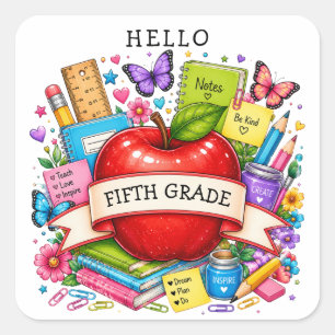 Hello Fifth Grade Retro Apple Square Sticker