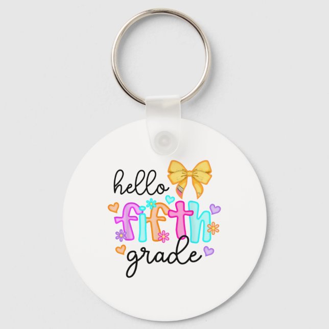 Hello Fifth Grade Teacher Coquette Pencil Bow Back Key Ring (Front)