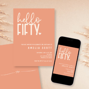 Hello Fifty 50th Birthday Modern Peach Minimal Invitation