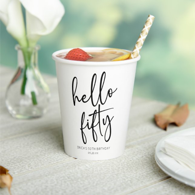 Hello Fifty Minimalist 50th Birthday Party Paper Cups (Insitu)