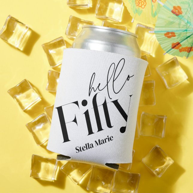 Hello fifty modern minimal elegant 50th birthday can cooler (In Situ Summer)