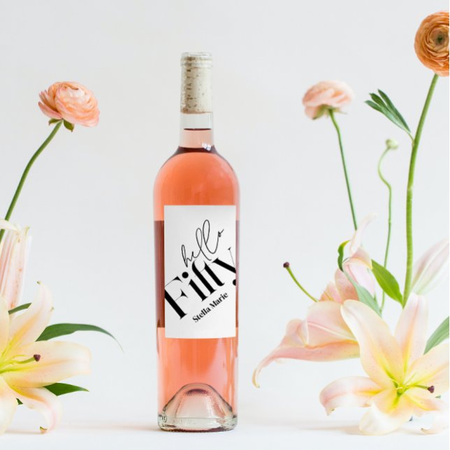 Hello fifty modern minimal elegant 50th birthday wine label (Creator Uploaded)
