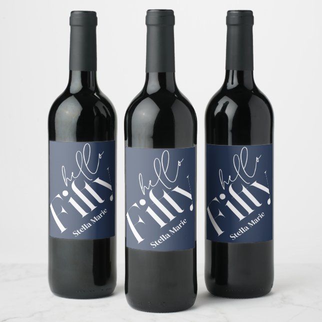 Hello fifty modern minimal navy blue 50th birthday wine label (Bottles)