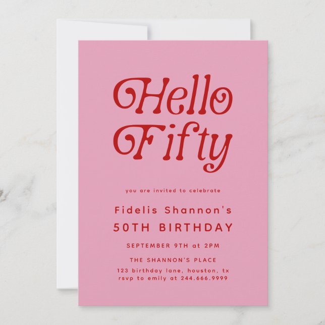 Hello Fifty Modern Retro Pink 50th Birthday  Invitation (Front)