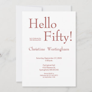 Hello Fifty Simple Modern Pink White 50th Birthday Invitation