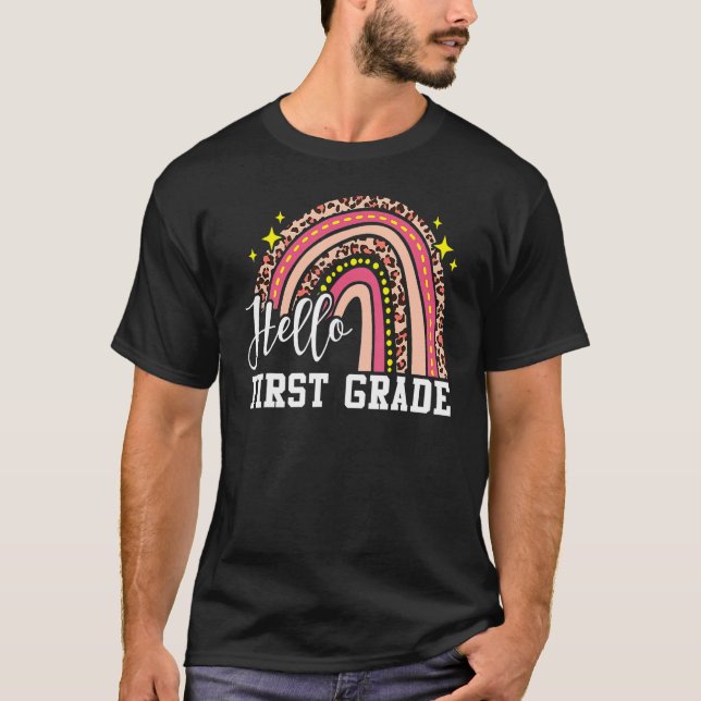 Hello First Grade 1st Grade Rainbow Leopard Back T T-Shirt (Front)