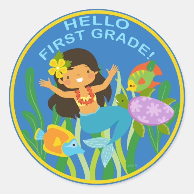 Hello First Grade! Back To School Mermaid Classic Round Sticker (Front)