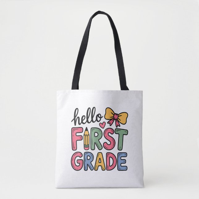 Hello First Grade Coquette Bow Teacher Tote Bag (Front)