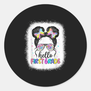 Hello First Grade Messy Bun Kids Girls Back To Sch Classic Round Sticker