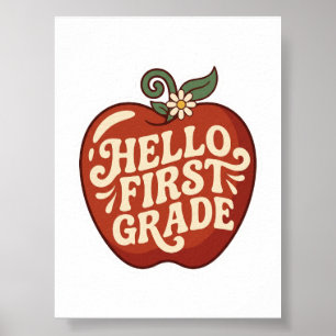 Hello First Grade Retro Apple Back to school Poster