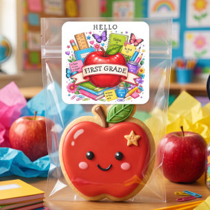 Hello First Grade Retro Apple Square Sticker