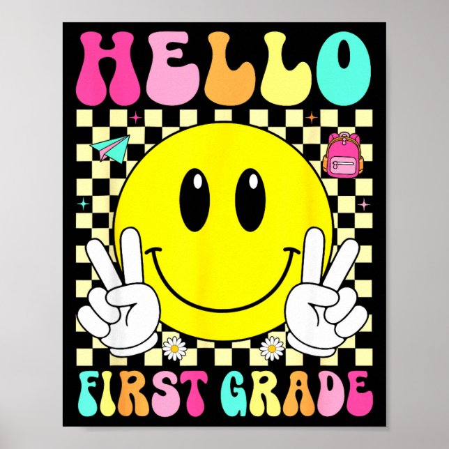 Hello first grade retro smile face back to school poster (Front)