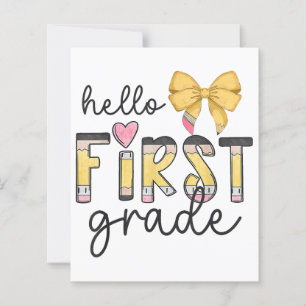 Hello First Grade Teacher Coquette Pencil Bow Back