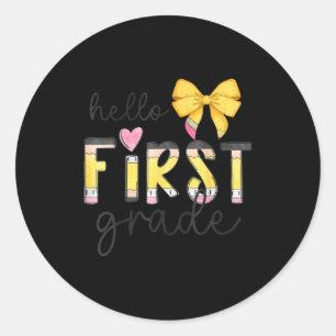 Hello First Grade Teacher Coquette Pencil Bow Back Classic Round Sticker