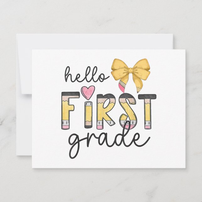 Hello First Grade Teacher Coquette Pencil Bow Back Invitation (Front)