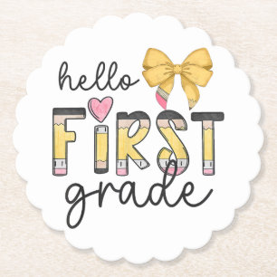 Hello First Grade Teacher Coquette Pencil Bow Back Paper Coaster