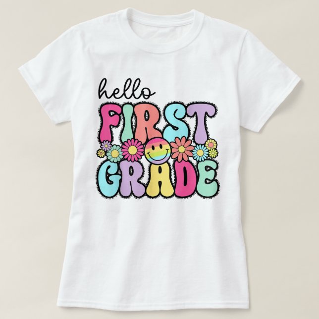 Hello First Grade Teacher Coquette Pencil Bow T-Shirt (Design Front)