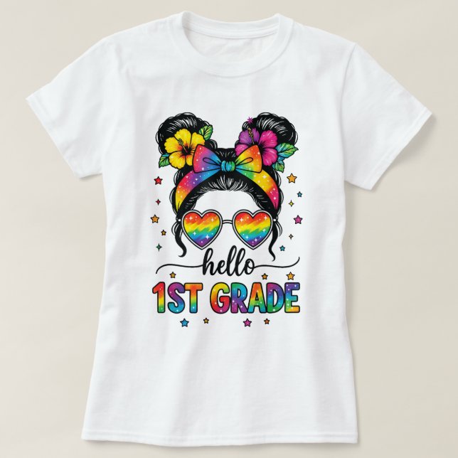Hello First Grade Teacher Coquette Pencil Bow T-Shirt (Design Front)