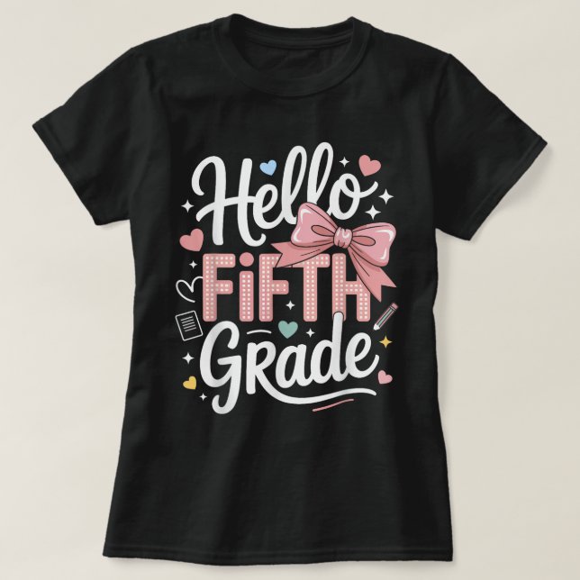 Hello First Grade Teacher Coquette Pencil Bow T-Shirt (Design Front)