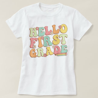 Hello First Grade Teacher Coquette Pencil Bow T-Shirt