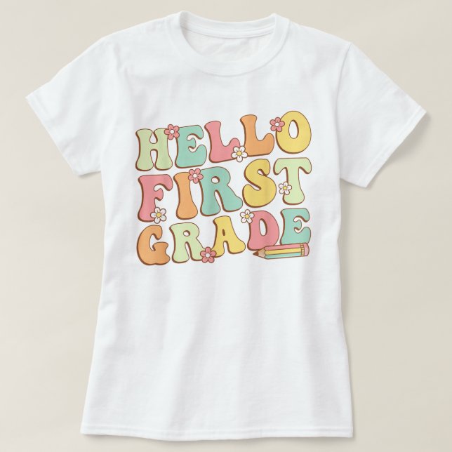 Hello First Grade Teacher Coquette Pencil Bow T-Shirt (Design Front)