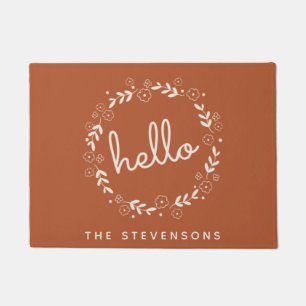 Hello Floral Wreath Rustic Terracotta Personalised Doormat