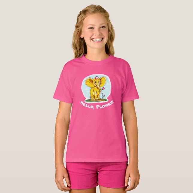 “Hello, Flower! – Cute Yellow Elephant T-Shirt for (Front Full)