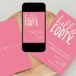 Hello Forty 40th Birthday Modern Pink Minimal Invitation<br><div class="desc">Celebrate the milestone of turning forty with this modern and stylish Hello Forty birthday invitation. The warm pink background perfectly complements the ivory text and small heart detail, adding a touch of romance to the design. The fun and flirty text conveys a sense of excitement for the upcoming celebration. This...</div>