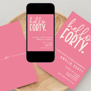 Hello Forty 40th Birthday Modern Pink Minimal Invitation