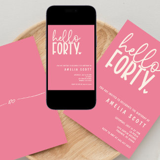 Hello Forty 40th Birthday Modern Pink Minimal Invitation