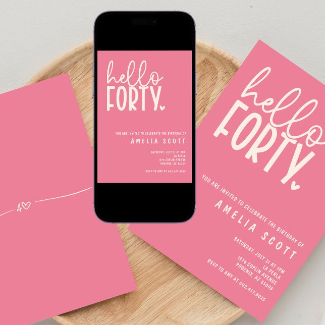 Hello Forty 40th Birthday Modern Pink Minimal Invitation (Creator Uploaded)
