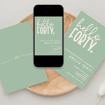 Hello Forty 40th Birthday Modern Sage Minimal Invitation<br><div class="desc">Celebrate the milestone of turning forty with this modern and stylish Hello Forty birthday invitation. The sage green background perfectly complements the ivory text and small heart detail, adding a touch of romance to the design. The fun and flirty text conveys a sense of excitement for the upcoming celebration. This...</div>