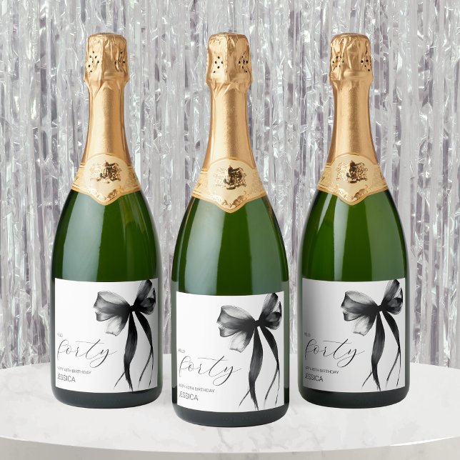 Hello Forty Elegant Script Bow 40th Birthday Party Sparkling Wine Label (Hello Forty Elegant Script Bow 40th Birthday Party Sparkling Wine Label)