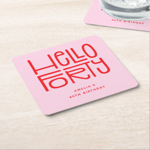 HELLO FORTY Modern 40th Birthday Square Paper Coaster
