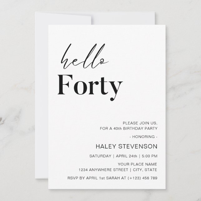 Hello Forty Modern White Minimalist 40th Birthday Invitation (Front)